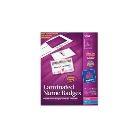 Avery Avery Laminated Name Badge with Clips, 2-1/4" x 3-1/2", White, 30/Box 5362